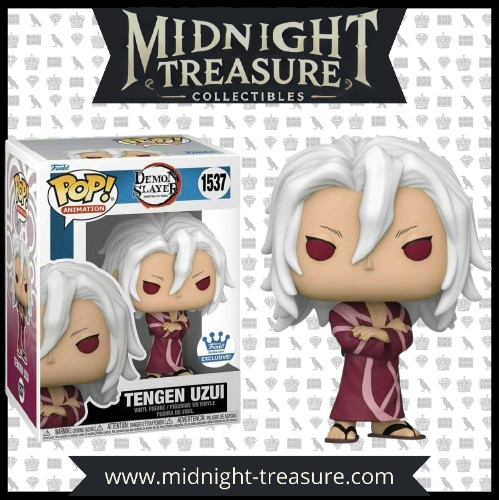 "Funko Pop! Demon Slayer – Tengen Uzui (1537). Tengen Uzui dans une tenue décontractée, bras croisés, avec son regard perçant et ses cheveux blancs distinctifs. Une figurine exclusive parfaite pour les fans de Demon Slayer et des Hashira !"
