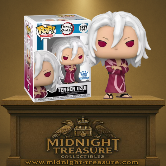 Funko Pop! Demon Slayer â Tengen Uzui (N°1537, Funko Shop Exclusive). Uzui bras croisĂ©s en yukata, cheveux blancs et regard perçant. Une figurine Ă©lĂ©gante et exclusive pour les fans de Demon Slayer.