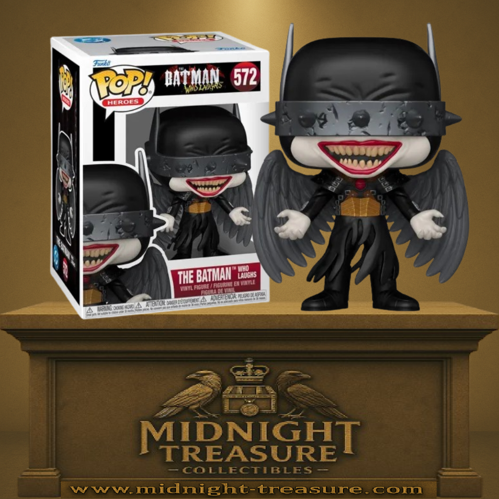 Funko Pop! DC Comics – The Batman Who Laughs (N°572). Figurine représentant la fusion entre Batman et le Joker, avec ailes noires et sourire démoniaque. Un must-have pour les fans de DC.