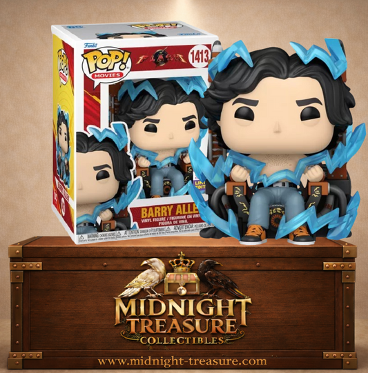 Funko Pop Barry Allen 1413 édition limitée Summer Convention avec effets d’éclairs bleus, figurine de The Flash en position assise.