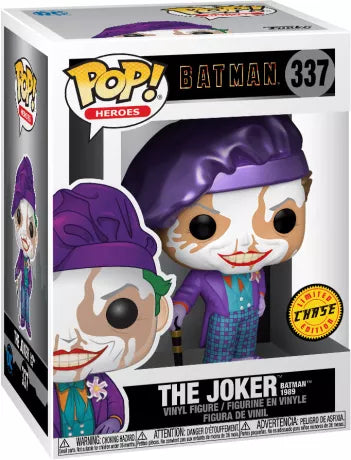 "Funko Pop! The Joker 337 - Batman 1989 (Chase). Figurine d'occasion avec un impact sur la boîte côté gauche. The Joker en costume violet, maquillage effacé, version Chase exclusive avec sticker. Une pièce rare pour les fans de DC Comics et de Batman."