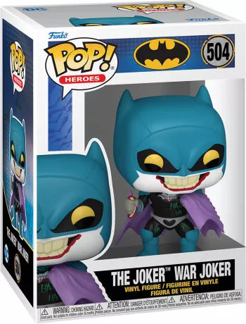 Funko Pop! DC Comics 504 - The Joker War Joker. Le Joker dans un costume inspiré de Batman, avec un sourire menaçant et un poignard en main. Une figurine incontournable pour les fans de l’univers DC.