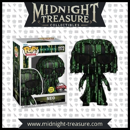 "Funko Pop! The Matrix â Neo (1172). Neo en version spĂ©ciale avec effet Glow in the Dark, habillĂ© de son manteau noir emblĂ©matique avec les lignes de code vertes. Un must-have pour les fans de The Matrix !"
