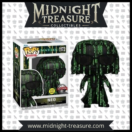 "Funko Pop! The Matrix – Neo (1172). Neo en version spéciale avec effet Glow in the Dark, habillé de son manteau noir emblématique avec les lignes de code vertes. Un must-have pour les fans de The Matrix !"

