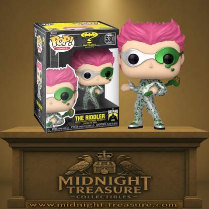 Funko Pop! Batman Forever – The Riddler – N°530. Le Sphinx en tenue argentée métallisée avec points d’interrogation verts, canne et masque. Une figurine délirante fidèle au film, parfaite pour les fans de Batman.