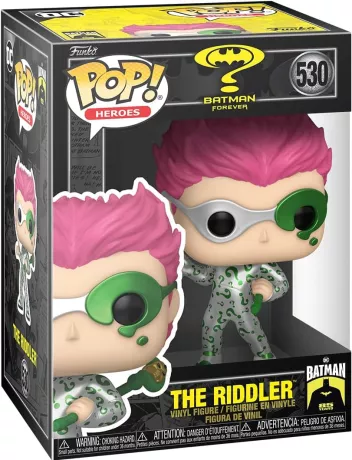 Funko Pop! Batman Forever – The Riddler – N°530. Le Sphinx en tenue argentée métallisée avec points d’interrogation verts, canne et masque. Une figurine délirante fidèle au film, parfaite pour les fans de Batman.