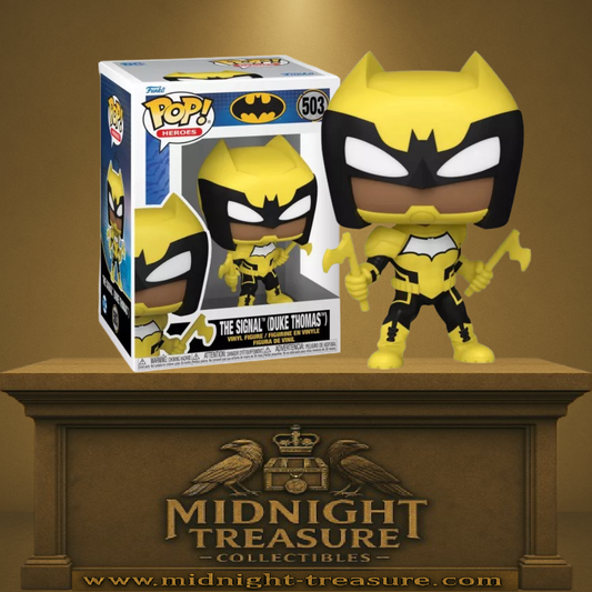 Funko Pop! DC Comics 503 - The Signal (Duke Thomas). Figurine représentant Duke Thomas dans son armure jaune et noire emblématique, armé de ses bâtons de combat. Une pièce essentielle pour les collectionneurs et fans de Batman
