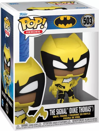 Funko Pop! DC Comics 503 - The Signal (Duke Thomas). Figurine représentant Duke Thomas dans son armure jaune et noire emblématique, armé de ses bâtons de combat. Une pièce essentielle pour les collectionneurs et fans de Batman