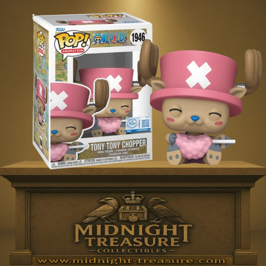 Funko Pop! One Piece – Tony Tony Chopper avec Barbe à Papa (N°1946). Figurine représentant Chopper assis avec son chapeau rose et une barbe à papa. Une version adorable et incontournable pour les fans de One Piece.