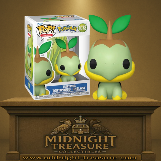 Funko Pop! Pokémon – Tortipouss (N°1078). Tortipouss assis, corps vert et mâchoire inférieure jaune, pousse brune avec deux feuilles sur la tête. Figurine fidèle au Pokémon de départ de Sinnoh.

