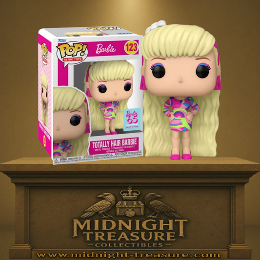 Funko Pop! Barbie – Totally Hair Barbie (N°123). Barbie avec une longue chevelure blonde ondulée et une robe multicolore rétro. Une figurine culte inspirée de l’icône des années 90.