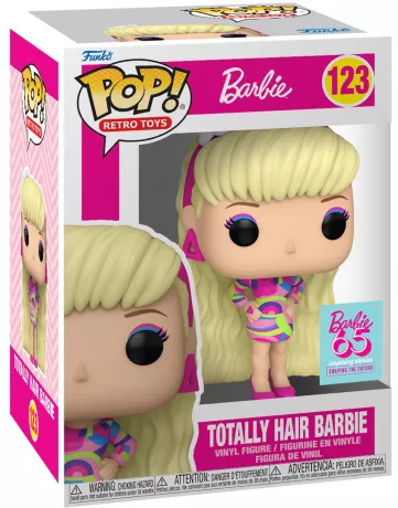 Funko Pop! Barbie – Totally Hair Barbie (N°123). Barbie avec une longue chevelure blonde ondulée et une robe multicolore rétro. Une figurine culte inspirée de l’icône des années 90.