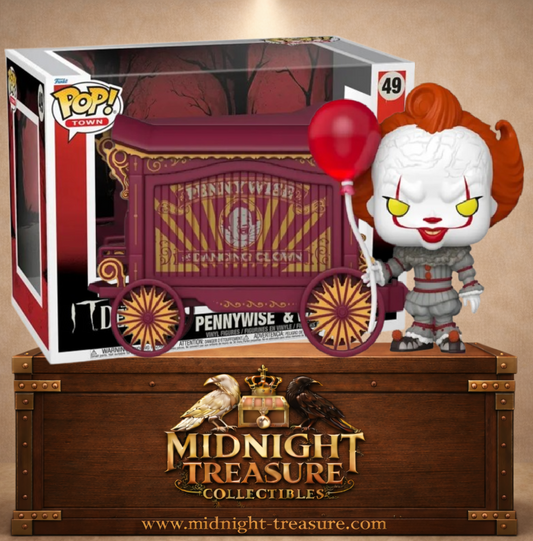 Funko Pop! Town N°49 – Pennywise & Wagon de IT: Welcome to Derry (Ça : Bienvenue à Derry), avec Pennywise, son ballon rouge et son chariot de cirque.