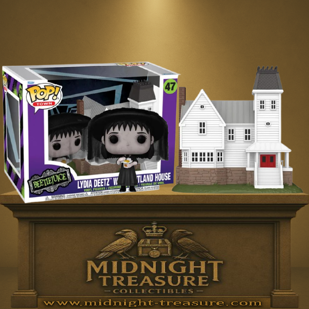 Funko Pop! Town Beetlejuice – Lydia Deetz avec Résidence Maitland (N°47). Lydia en tenue noire avec voile, tenant un livret, accompagnée de la maison blanche iconique aux détails soignés. Figurine et décor parfaits pour les fans de Beetlejuice.

