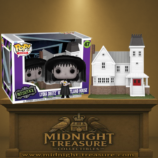 Funko Pop! Town Beetlejuice – Lydia Deetz avec Résidence Maitland (N°47). Lydia en tenue noire avec voile, tenant un livret, accompagnée de la maison blanche iconique aux détails soignés. Figurine et décor parfaits pour les fans de Beetlejuice.

