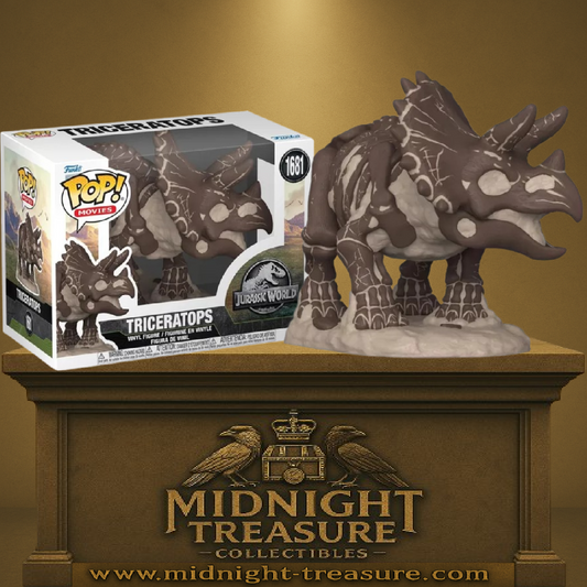 Funko Pop! Jurassic World – Triceratops Fossile (N°1681). Figurine osseuse au design fossilisé avec détails pierreux. Une pièce unique pour les passionnés de dinosaures et d’univers préhistoriques.