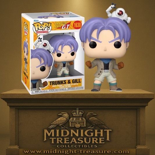 Funko Pop! Dragon Ball GT – Trunks & Gill (N°1630). Trunks avec sa tenue d'explorateur et Gill posé sur sa tête. Une figurine fidèle à l’arc GT, parfaite pour les fans de Dragon Ball.