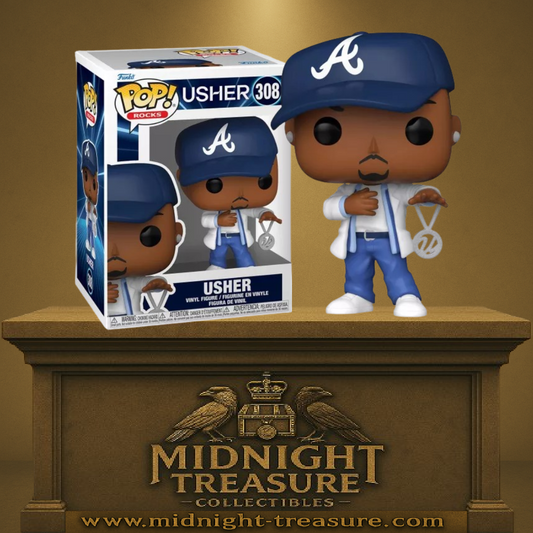 Funko Pop! Rocks – Usher (N°308). Usher dans sa tenue bleue et blanche, tenant sa chaîne emblématique, inspirée du clip Yeah!. Une figurine incontournable pour les fans de RnB et de pop urbaine.