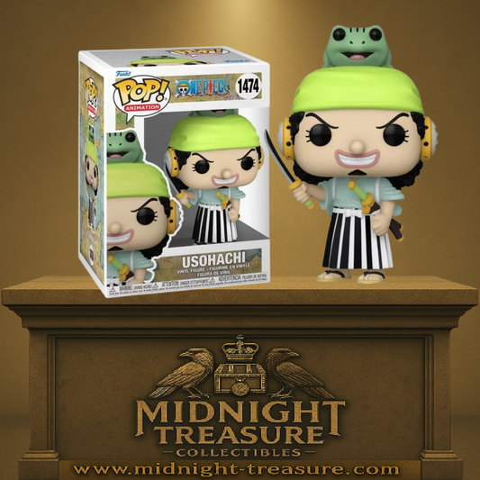 Funko Pop! One Piece – Usohachi (1474). Usopp en tenue de Wano avec un bandana vert et une grenouille sur la tête. Une figurine décalée parfaite pour les fans de One Piece.