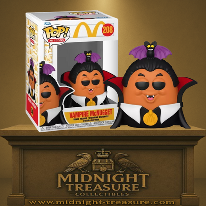 Funko Pop! McDonald’s – Vampire McNugget (N°208). Figurine représentant un McNugget déguisé en vampire avec cape rouge et chauve-souris violette. Un incontournable rétro pour les fans de McDonald’s.
