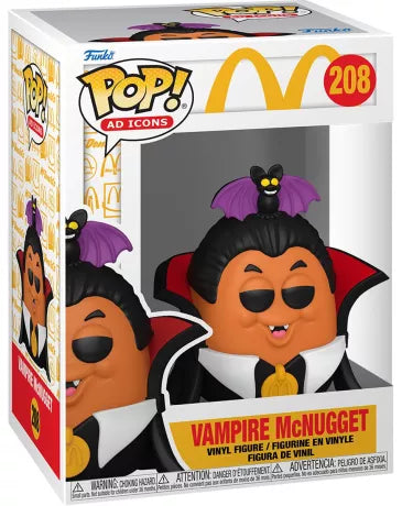 Funko Pop! McDonald’s – Vampire McNugget (N°208). Figurine représentant un McNugget déguisé en vampire avec cape rouge et chauve-souris violette. Un incontournable rétro pour les fans de McDonald’s.