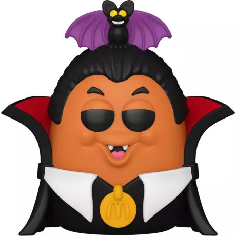 Funko Pop! McDonald’s – Vampire McNugget (N°208). Figurine représentant un McNugget déguisé en vampire avec cape rouge et chauve-souris violette. Un incontournable rétro pour les fans de McDonald’s.