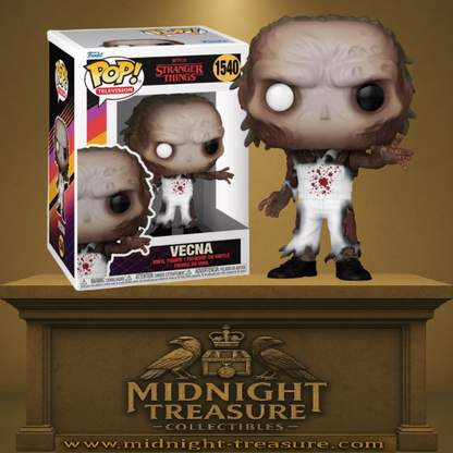 Funko Pop! Stranger Things – Vecna (N°1540). Figurine représentant Vecna avec sa peau décharnée, ses yeux noir et blanc et des éclaboussures de sang sur sa tenue. Une Pop! terrifiante pour les fans de Stranger Things.