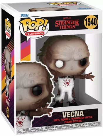 Funko Pop! Stranger Things – Vecna (N°1540). Figurine représentant Vecna avec sa peau décharnée, ses yeux noir et blanc et des éclaboussures de sang sur sa tenue. Une Pop! terrifiante pour les fans de Stranger Things.
