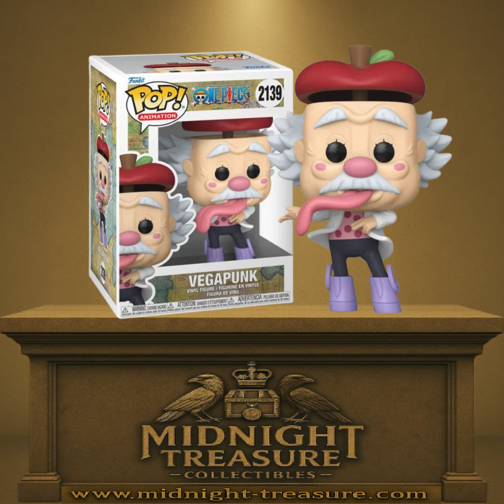 Funko Pop! One Piece – Vegapunk (N°2139, Egghead). Figurine drôle et colorée avec béret pomme rouge, longue langue et tenue rose à pois.