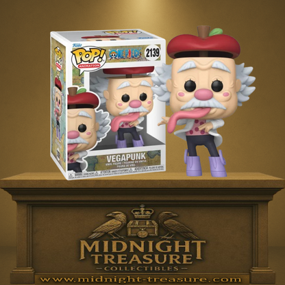 Funko Pop! One Piece – Vegapunk (N°2139, Egghead). Figurine drôle et colorée avec béret pomme rouge, longue langue et tenue rose à pois.