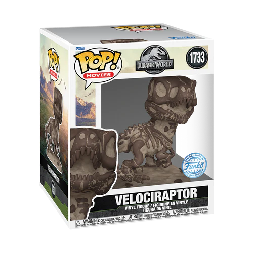 Funko Pop! Jurassic World – Velociraptor Fossile (N°1733). Squelette détaillé en teintes brunes et beiges avec base fossilisée. Figurine unique pour les fans de dinosaures et de Jurassic World.

