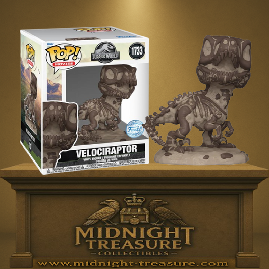 Funko Pop! Jurassic World â Velociraptor Fossile (N°1733). Squelette dĂ©taillĂ© en teintes brunes et beiges avec base fossilisĂ©e. Figurine unique pour les fans de dinosaures et de Jurassic World.