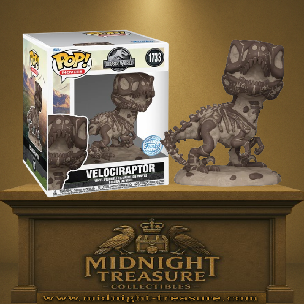 Funko Pop! Jurassic World – Velociraptor Fossile (N°1733). Squelette détaillé en teintes brunes et beiges avec base fossilisée. Figurine unique pour les fans de dinosaures et de Jurassic World.

