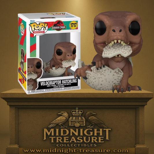Funko Pop! Jurassic Park – Velociraptor Hatchling (N°1717). Bébé Velociraptor sortant de son œuf, avec morceau de coquille dans la gueule. Une scène culte du film pour les fans de dinosaures et du parc Jurassic.
