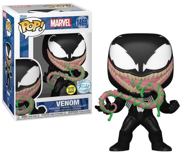 Funko Pop! Marvel – Venom (N°1469, Glow in the Dark). Figurine exclusive avec costume noir, bouche carnassière et effets verts fluorescents lumineux. Une pièce culte et effrayante pour les fans de Marvel.