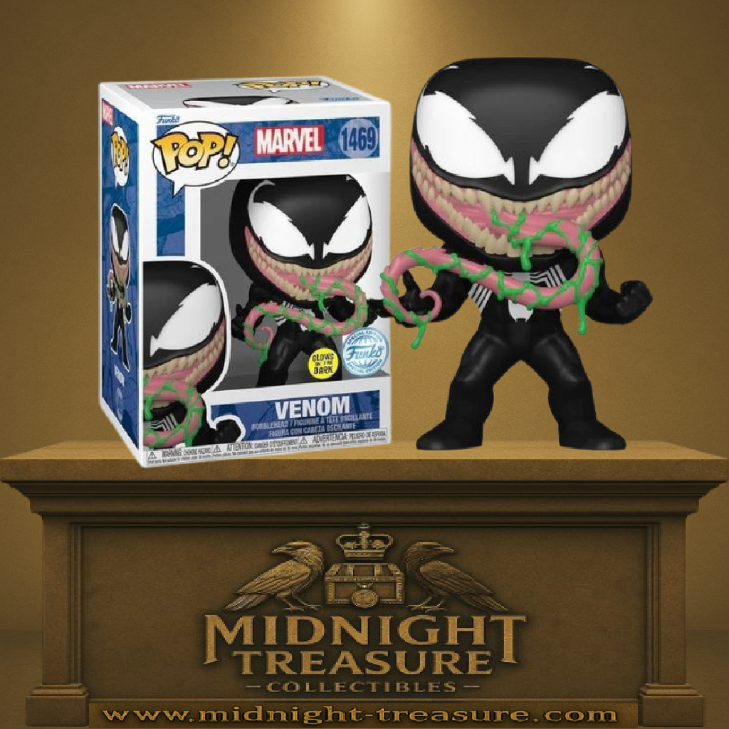 Funko Pop! Marvel – Venom (N°1469, Glow in the Dark). Figurine exclusive avec costume noir, bouche carnassière et effets verts fluorescents lumineux. Une pièce culte et effrayante pour les fans de Marvel.