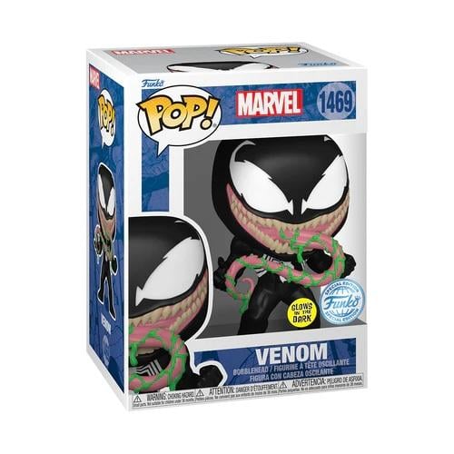 Funko Pop! Marvel – Venom (N°1469, Glow in the Dark). Figurine exclusive avec costume noir, bouche carnassière et effets verts fluorescents lumineux. Une pièce culte et effrayante pour les fans de Marvel.