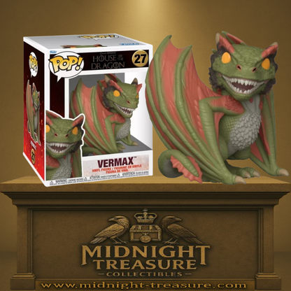 Funko Pop! House of the Dragon – Vermax (N°27) – 15 cm. Dragon majestueux aux ailes rouges et corps vert, issu de la série Game of Thrones. Une figurine redoutable et détaillée pour les fans de dragons et de fantasy.