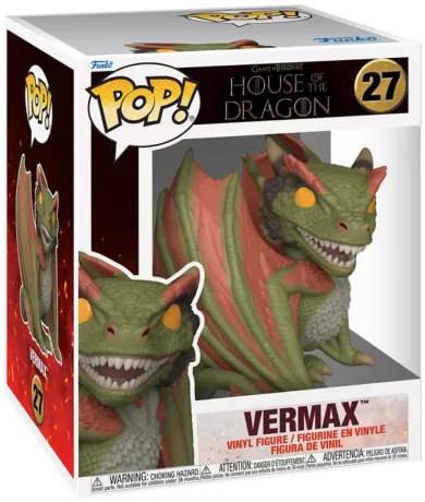 Funko Pop! House of the Dragon – Vermax (N°27) – 15 cm. Dragon majestueux aux ailes rouges et corps vert, issu de la série Game of Thrones. Une figurine redoutable et détaillée pour les fans de dragons et de fantasy.