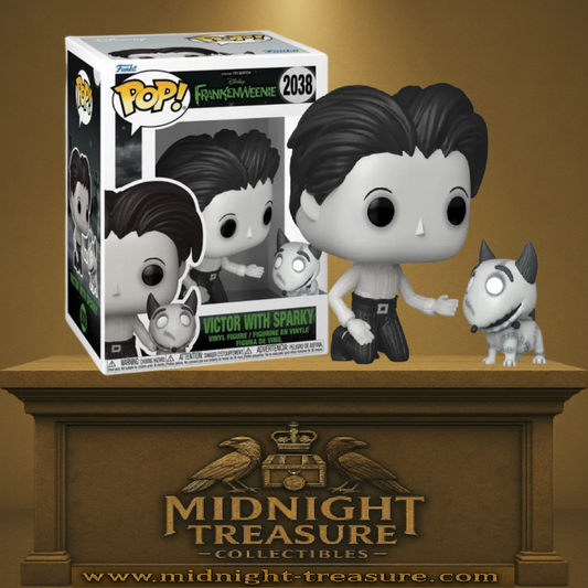 Funko Pop! Frankenweenie – Victor avec Sparky (N°2038). Figurine noir et blanc représentant Victor agenouillé face à son chien ressuscité Sparky. Une Pop! émotive et gothique inspirée du film de Tim Burton.