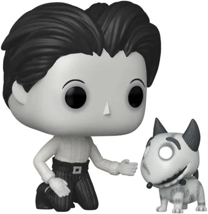 Funko Pop! Frankenweenie – Victor avec Sparky (N°2038). Figurine noir et blanc représentant Victor agenouillé face à son chien ressuscité Sparky. Une Pop! émotive et gothique inspirée du film de Tim Burton.