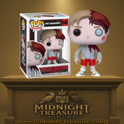 Funko Pop! Pet Sematary – Victor Pascow – N°1586. Figurine sanglante avec crâne ouvert, œil vitreux et tenue d’étudiant. Une Pop! fidèle au film de Stephen King, parfaite pour les fans de frissons.

