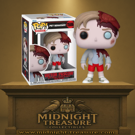 Funko Pop! Pet Sematary – Victor Pascow – N°1586. Figurine sanglante avec crâne ouvert, œil vitreux et tenue d’étudiant. Une Pop! fidèle au film de Stephen King, parfaite pour les fans de frissons.

