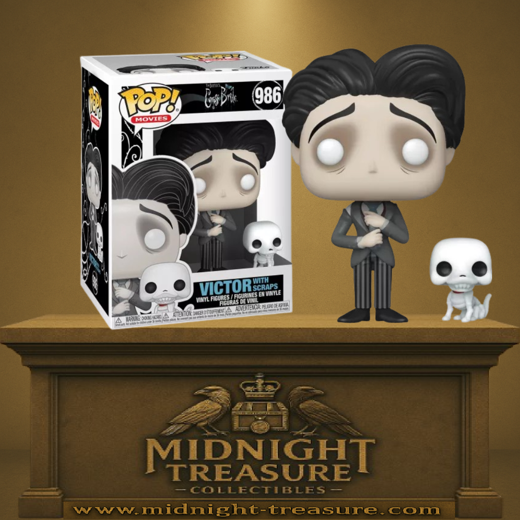 Funko Pop! Corpse Bride – Victor with Scraps (N°986). Victor en costume sombre avec son chien squelette Scraps. Figurine détaillée et poétique pour les fans de Tim Burton.