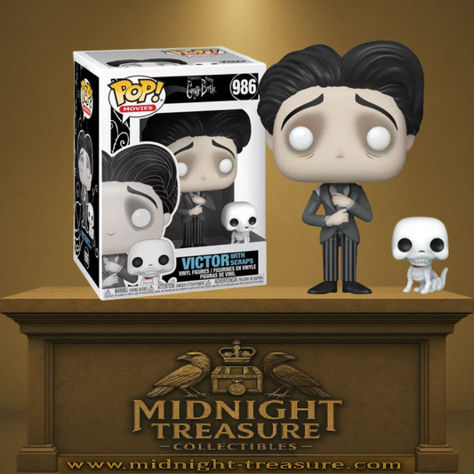 Funko Pop! Corpse Bride – Victor with Scraps (N°986). Victor en costume sombre avec son chien squelette Scraps. Figurine détaillée et poétique pour les fans de Tim Burton.