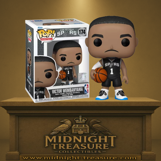 Funko Pop! NBA – Victor Wembanyama (N°174). Figurine du joueur français des San Antonio Spurs avec maillot noir, ballon de basket et semelles bleues. Une pièce incontournable pour les fans de NBA et de sport.