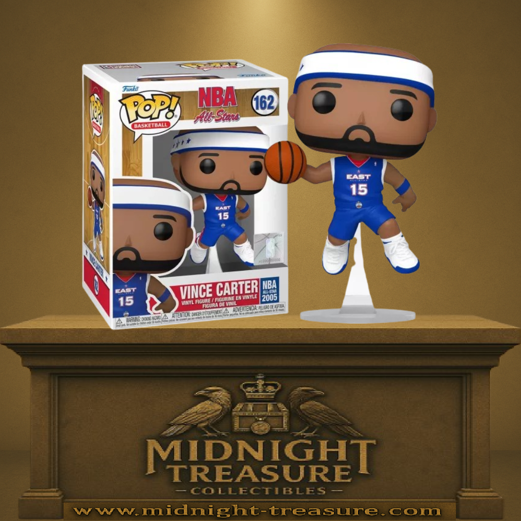 Funko Pop! NBA – Vince Carter (N°162). Figurine représentant Vince Carter en plein saut avec ballon, maillot All-Star 2005 de l’équipe Est. Un hommage à l’un des plus grands dunkeurs de l’histoire de la NBA.