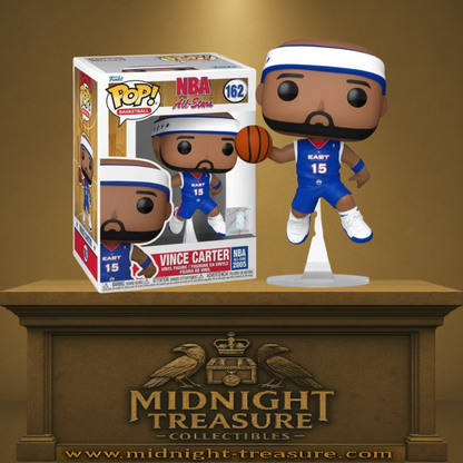 Funko Pop! NBA – Vince Carter (N°162). Figurine représentant Vince Carter en plein saut avec ballon, maillot All-Star 2005 de l’équipe Est. Un hommage à l’un des plus grands dunkeurs de l’histoire de la NBA.