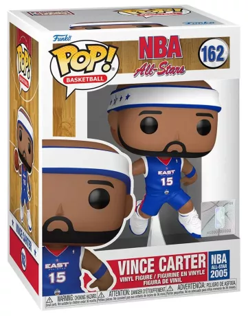 Funko Pop! NBA – Vince Carter (N°162). Figurine représentant Vince Carter en plein saut avec ballon, maillot All-Star 2005 de l’équipe Est. Un hommage à l’un des plus grands dunkeurs de l’histoire de la NBA.