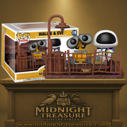 Funko Pop! Disney Pixar – WALL-E & EVE Moment (N°1119). Scène emblématique avec WALL-E et EVE sur une passerelle rouillée sous un lampadaire. Figurine détaillée et poétique, parfaite pour les fans Pixar.